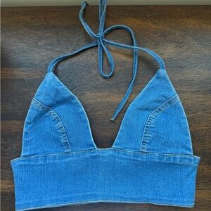 Denim Halter Crop Top - Blue